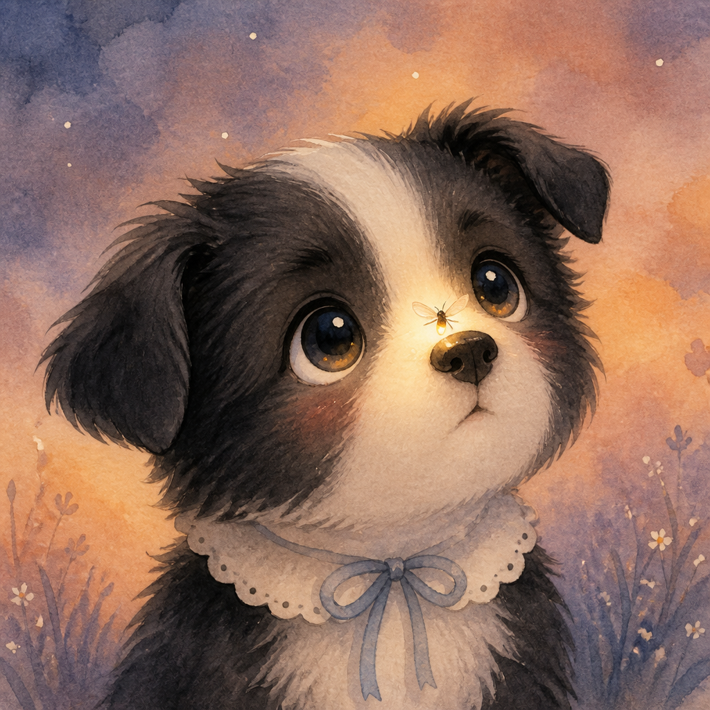 border collie watching a firefly at dusk