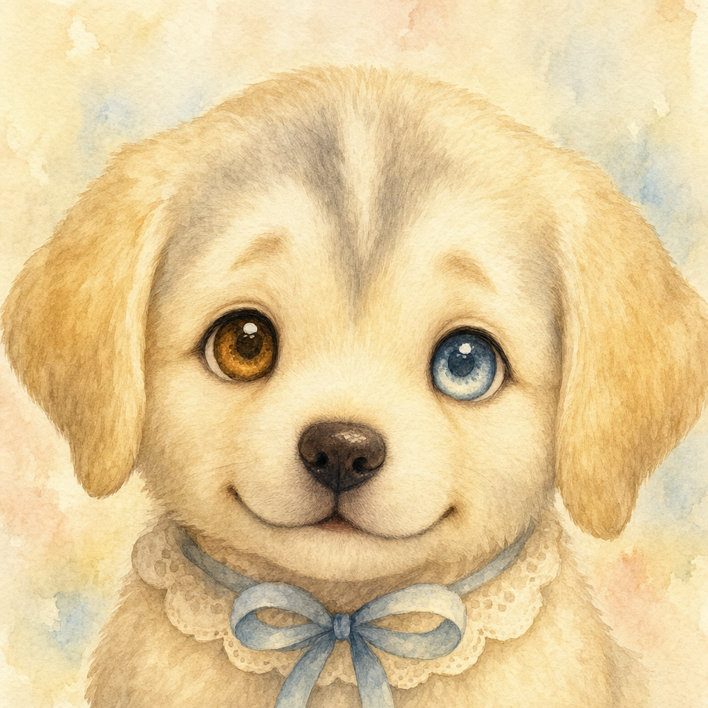 the first kuun — a cream lab mix with one amber eye and one blue eye